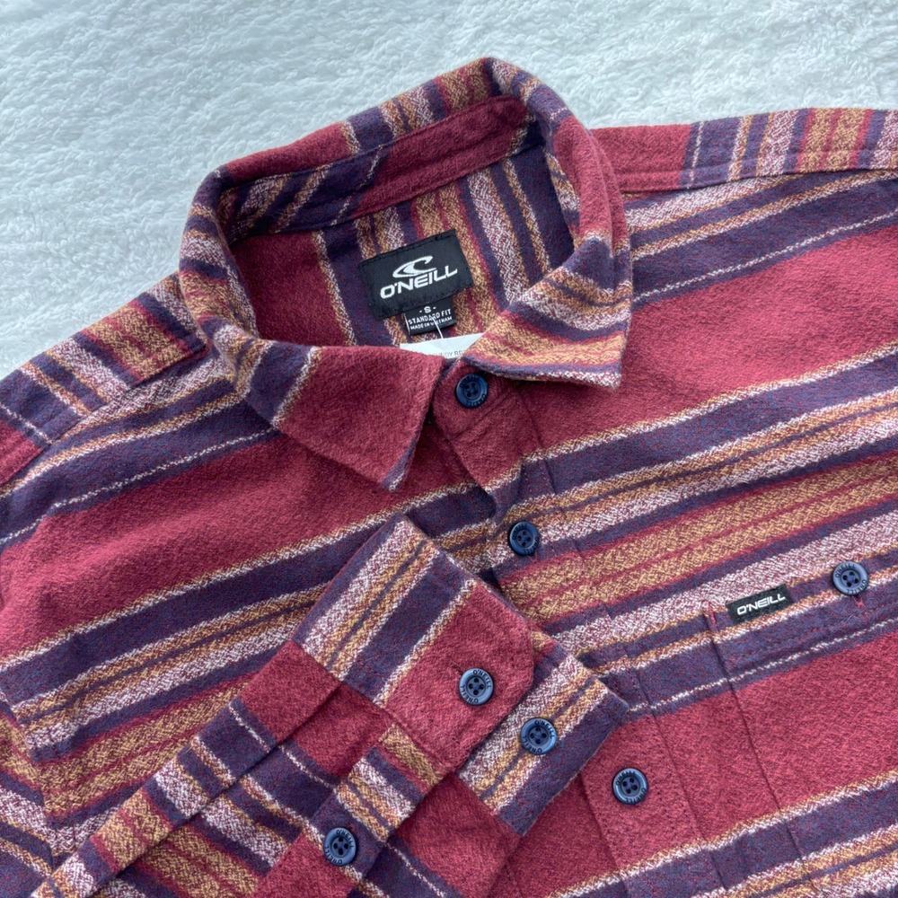 O'Neill Mens Burgundy Bremerton Flannel Woven Striped Shirt Small NEW